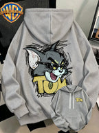 WB Men's. Official Licensed Hooded Sweater Hoodie - Retro Print (Loose Fit Hooded with Iconic WB), Machine Washable Casual Sweater Suitable for Fall/Winter, Daily Wear & for or Outings - Light Grey