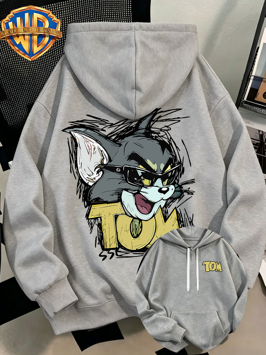 WB Men's. Official Licensed Hooded Sweater Hoodie - Retro Print (Loose Fit Hooded with Iconic WB), Machine Washable Casual Sweater Suitable for Fall/Winter, Daily Wear & for or Outings - Light Grey