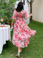Women's Floral maxi Dress - Elegant Flowy Formal & Casual Event Gown, Non-Stretchy Fabric, Flared A-Line Skirt for Wedding, Party, Vacation - Spring/Summer/Fall Evening Outfits, Floral Print Dress, Summer Outfit, Machine Washable, Bridal Guest Outfit - Watermelon Red