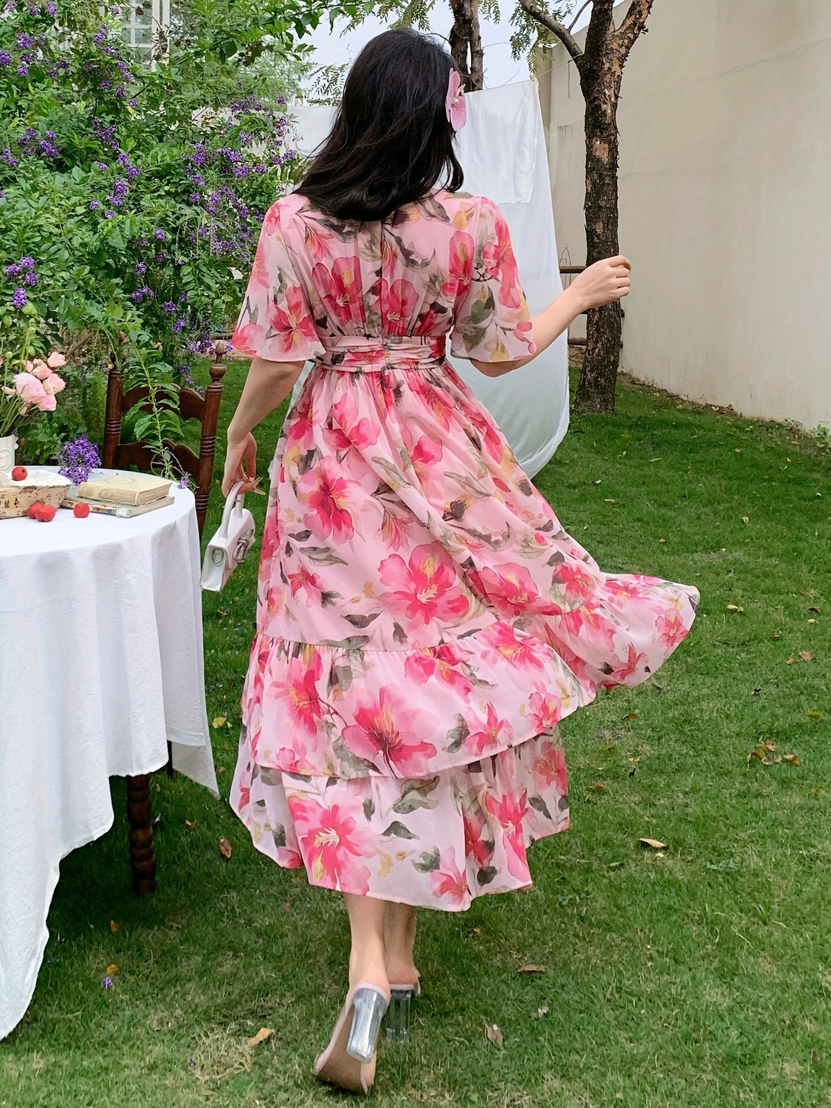 Women's Floral maxi Dress - Elegant Flowy Formal & Casual Event Gown, Non-Stretchy Fabric, Flared A-Line Skirt for Wedding, Party, Vacation - Spring/Summer/Fall Evening Outfits, Floral Print Dress, Summer Outfit, Machine Washable, Bridal Guest Outfit - Watermelon Red