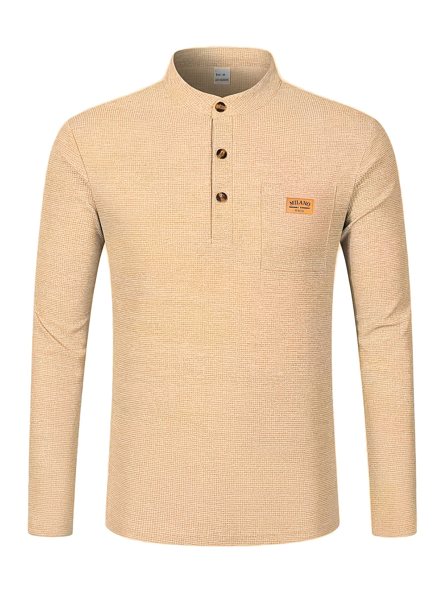 Maqiqi OBM Men's Fashion Waffle Knit Long Sleeve Henley Shirt, Stand Collar Button-Up Top with Chest Pocket and Positioned Printed LOGO, Casual Regular Fit Solid Color Spring/Autumn Daily Top - Khaki