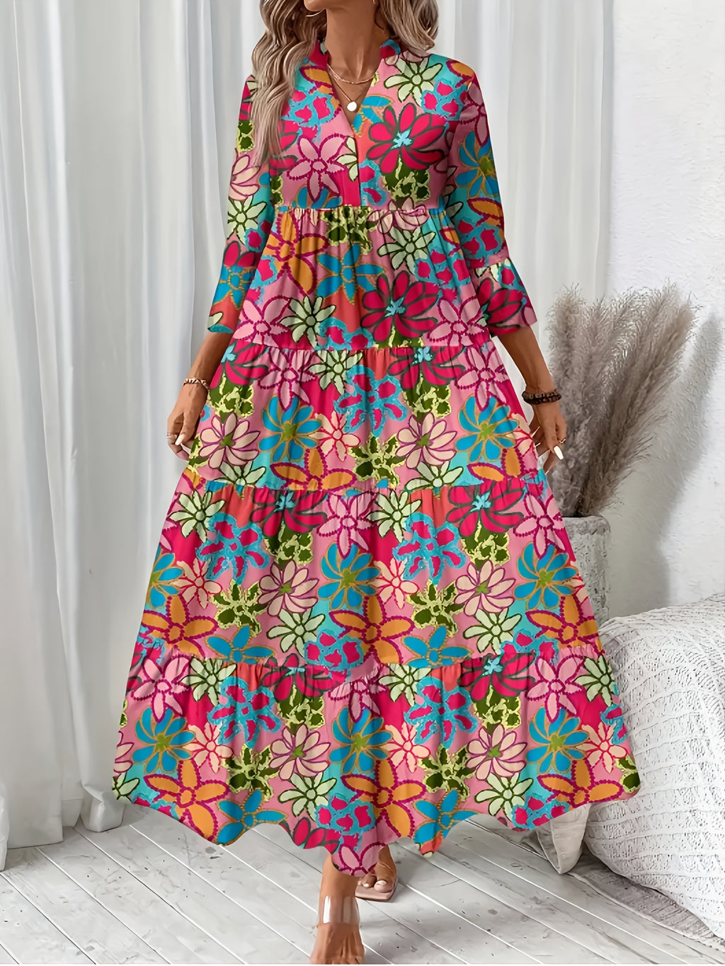 Directional Floral Print V-Neck Pleated Long-Sleeve Dress - Rose Red