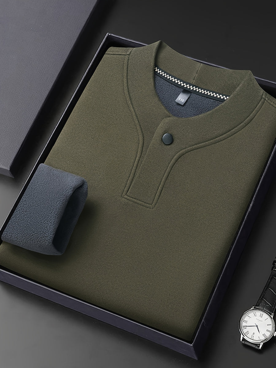 Men'S Single-Button Henley Collar Fleece Long Sleeve Top, Solid Color Minimalist Design Without LOGO, Light Luxury Easy Men'S Style - SINBOS - Bean Green