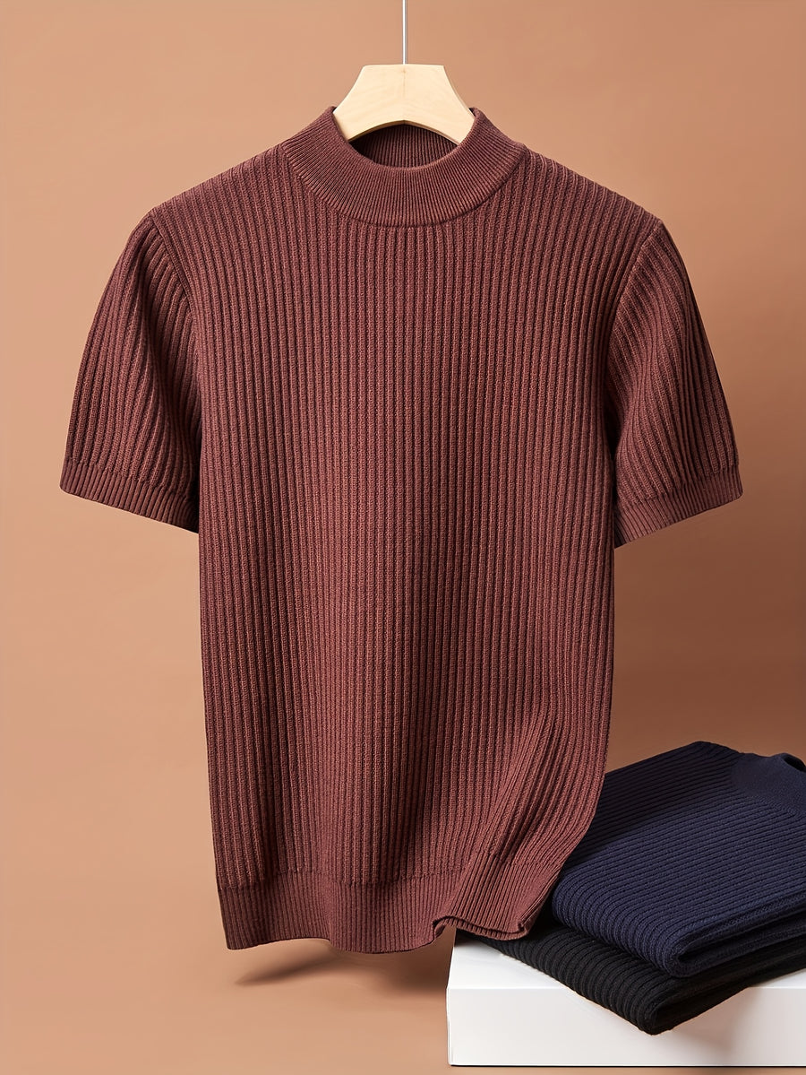 Men Mock Neck Short Sleeve Knit Sweater, Thick Warm Knit Top for Spring Autumn Winter, Wearable Alone Or As Undershirt. Soft Premium Skin-Touch Fabric, Fine Vertical Rib Design to Slim Your Figure for Fashionable Handsome Styling - Coffee Color