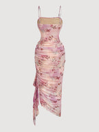 Women'S Bridesmaid Formal Wear Wedding Party Sexy Split Butterfly Printed Spaghetti Strap Ruffled Sleeveless Bodycon Women'S Long Dress Wedding Guest Attire Women'S Clothing - Pink Color