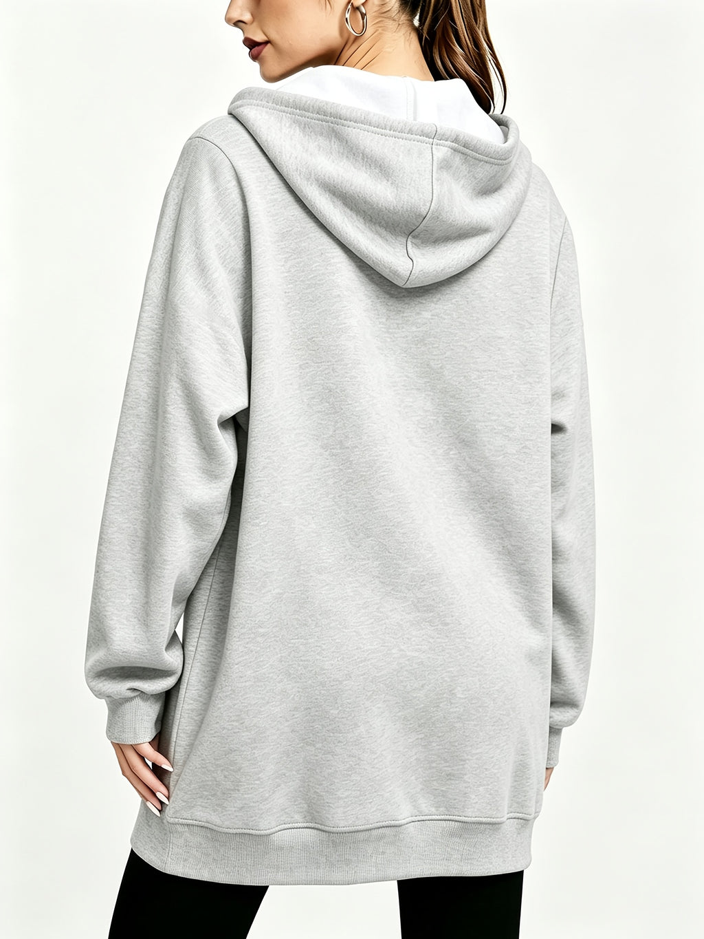 Long Hooded Printed Sweatshirt Jacket Women'S Autumn Winter Thickened Fleece Hoodie Women'S Clothing Versatile Loose Casual Top Long Sleeve Zipper Cardigan Jacket - Grey