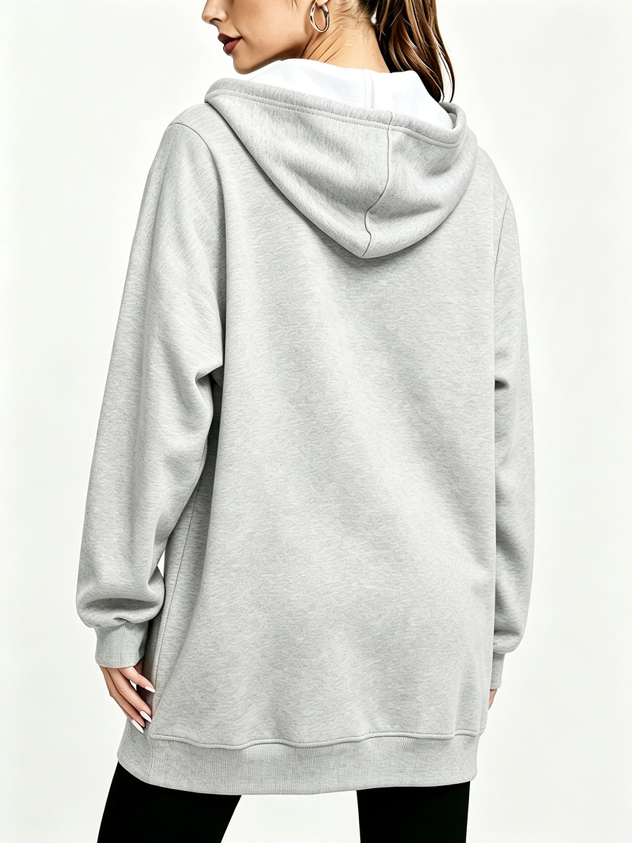 Long Hooded Printed Sweatshirt Jacket Women'S Autumn Winter Thickened Fleece Hoodie Women'S Clothing Versatile Loose Casual Top Long Sleeve Zipper Cardigan Jacket - Grey
