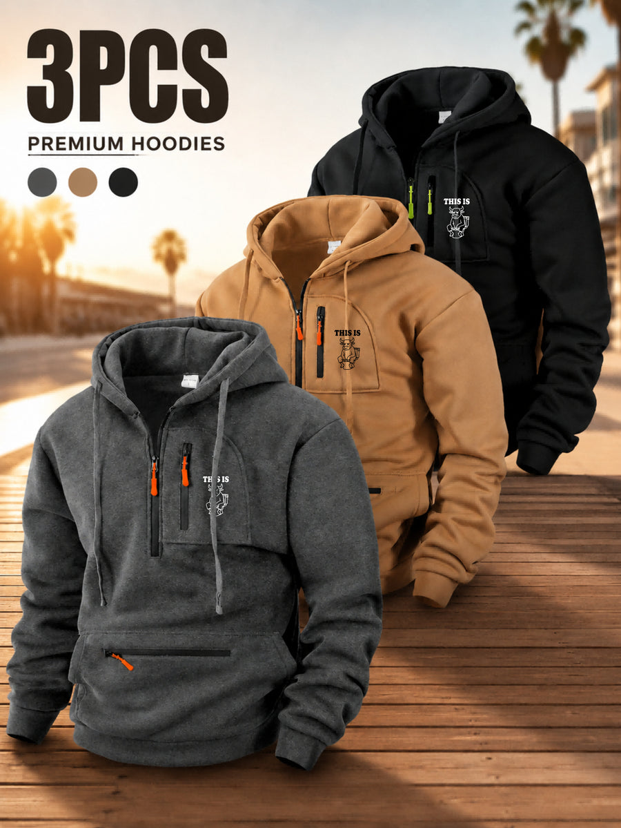 Men'S Hoodie Multi-Zipper Pocket Design Graphic Print Casual Streetwear Fall Winter 3pcs Set - Dark Gray + Khaki + Black