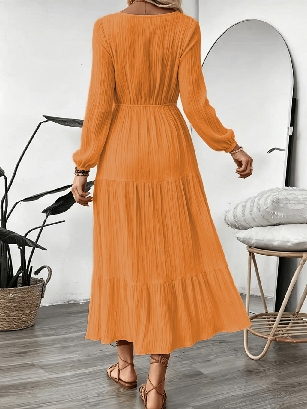 Women's Vacation Style Dress, Elegant and Fashionable V-Neck Lace Long Sleeve Maxi Dress - Orange