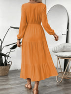 Women's Vacation Style Dress, Elegant and Fashionable V-Neck Lace Long Sleeve Maxi Dress - Orange