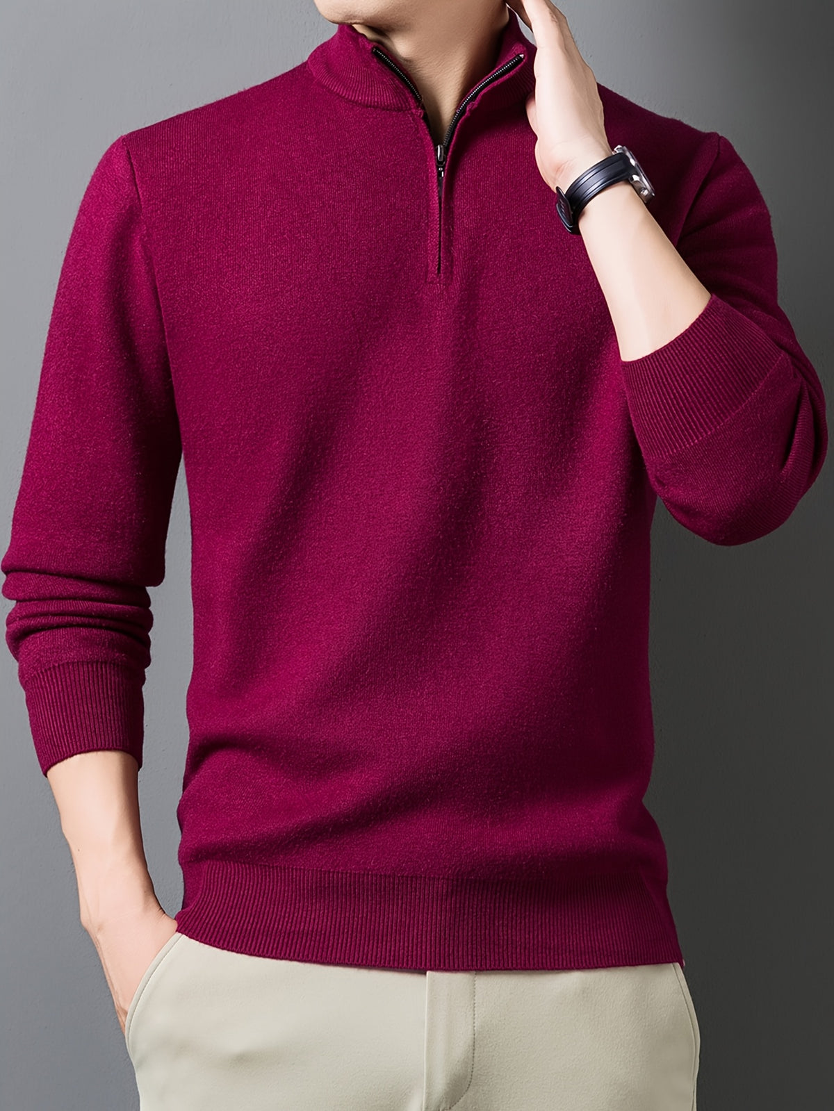 1pc Men'S Solid Color Small Stand Collar Knit Pullover Autumn Winter Zipper Casual Fleece Warm Top - Burgundy