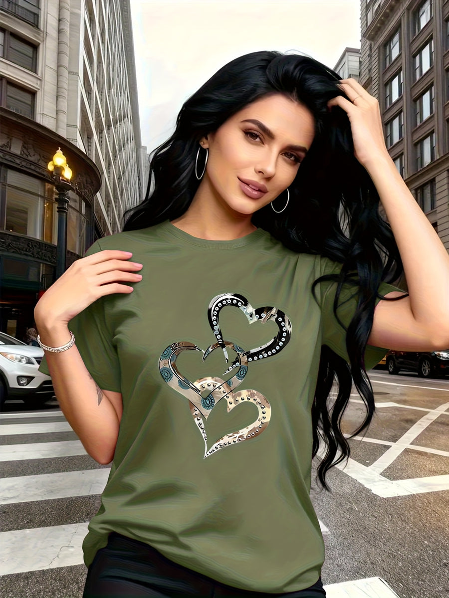 Emotion and Love" Representative, Metallic Art Heart Print Trendy Fashion, Simple Round Neck Casual Versatile Short Sleeve Women's T-Shirt for Leisure, Travel, and Vacation - Green