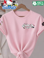 Women'S Round Neck 100% Short Sleeve T-Shirt, Hello Kitty Classic Red Bow Heart Pattern Cartoon Print Design, Casual Comfortable Everyday Versatile Short Sleeve Tee, Women'S Fashion Trendy Spring Summer Fall Casual Short Sleeve Top, Home Party Wear - pink color