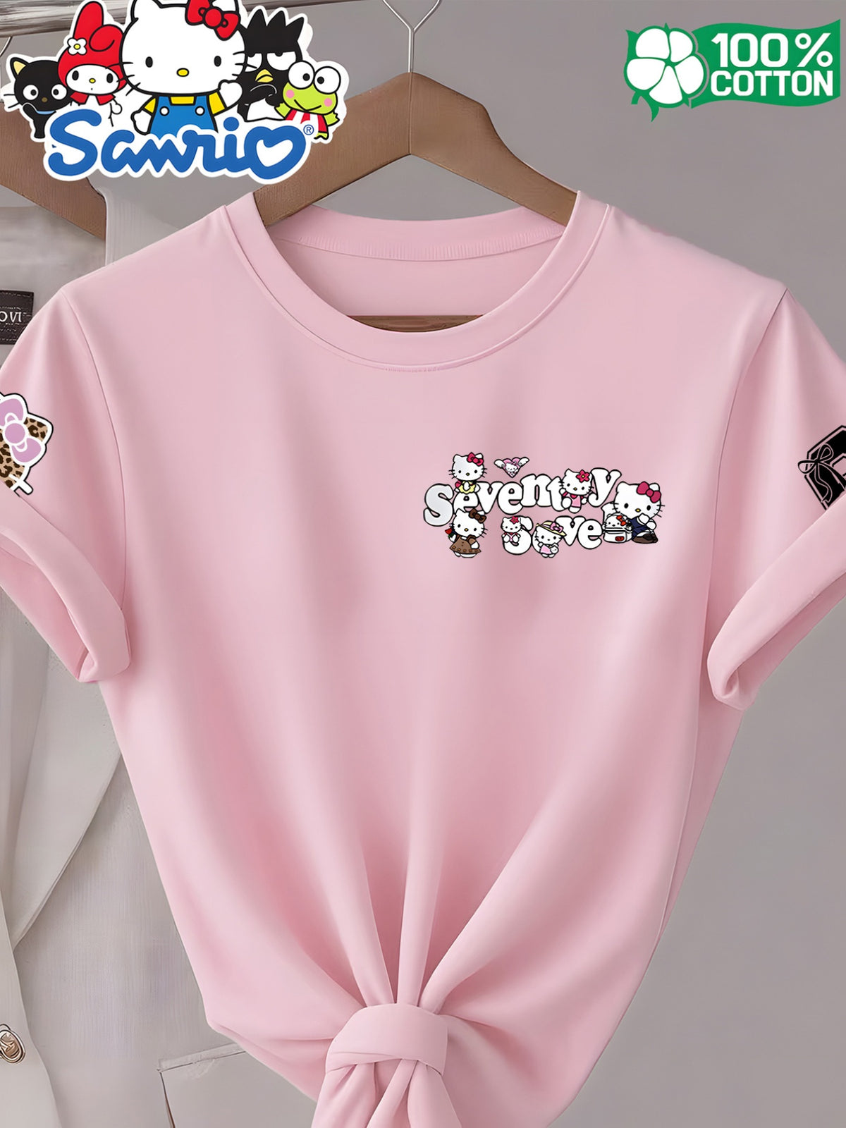 Women'S Round Neck 100% Short Sleeve T-Shirt, Hello Kitty Classic Red Bow Heart Pattern Cartoon Print Design, Casual Comfortable Everyday Versatile Short Sleeve Tee, Women'S Fashion Trendy Spring Summer Fall Casual Short Sleeve Top, Home Party Wear - pink color