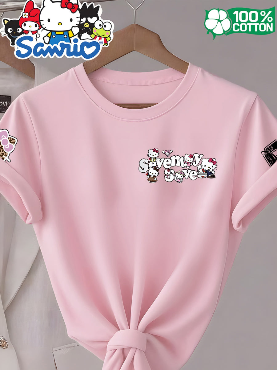Women'S Round Neck 100% Short Sleeve T-Shirt, Hello Kitty Classic Red Bow Heart Pattern Cartoon Print Design, Casual Comfortable Everyday Versatile Short Sleeve Tee, Women'S Fashion Trendy Spring Summer Fall Casual Short Sleeve Top, Home Party Wear - pink color