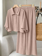 Plus Size, Plus Size - New Spring/Summer Solid Color Wrinkled Short Lapel Shirt and Elastic Waist Wide-Leg Pants 2pcs Set - Casual Loungewear Vacation Outfit - Apricot