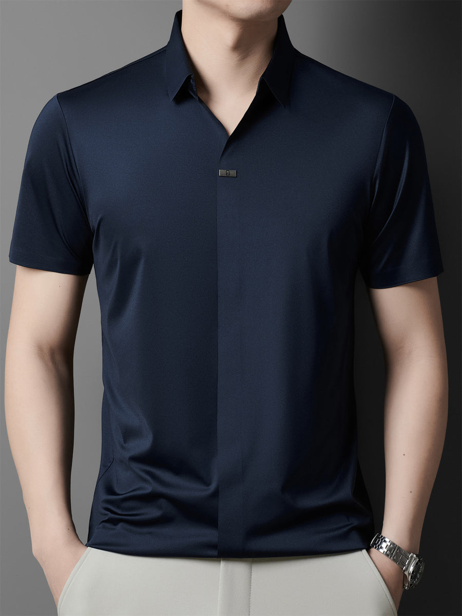 Summer New Men'S Short Sleeve Polo Shirt with Stand-Up Collar, Easy Business Casual High-End Breathable Half Sleeve T-Shirt Men'S Wear Cloud Ding Crown - Navy Color