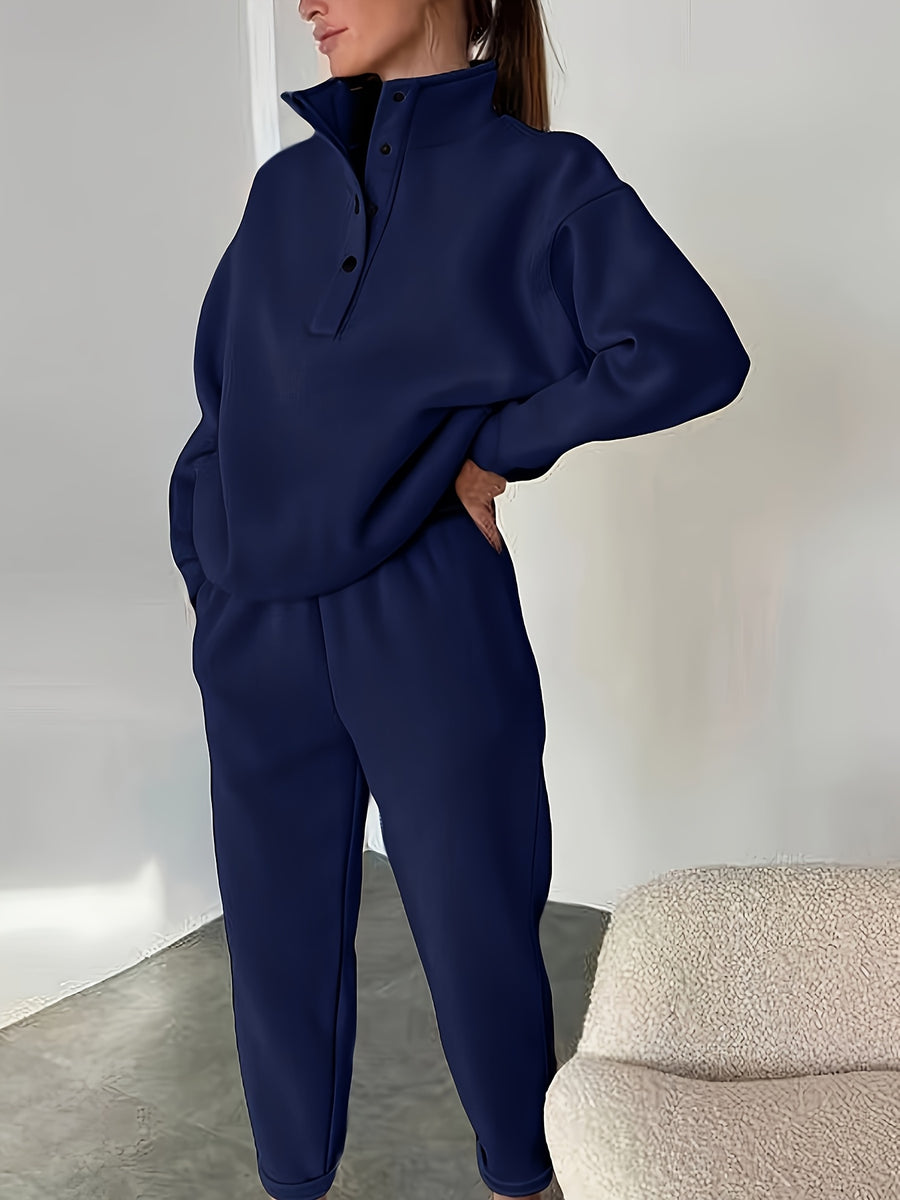 European and American Women's fashion ladies' body builders casual red suit s casual pure color loose waist, a versatile loose suit 2025 - Navy Color