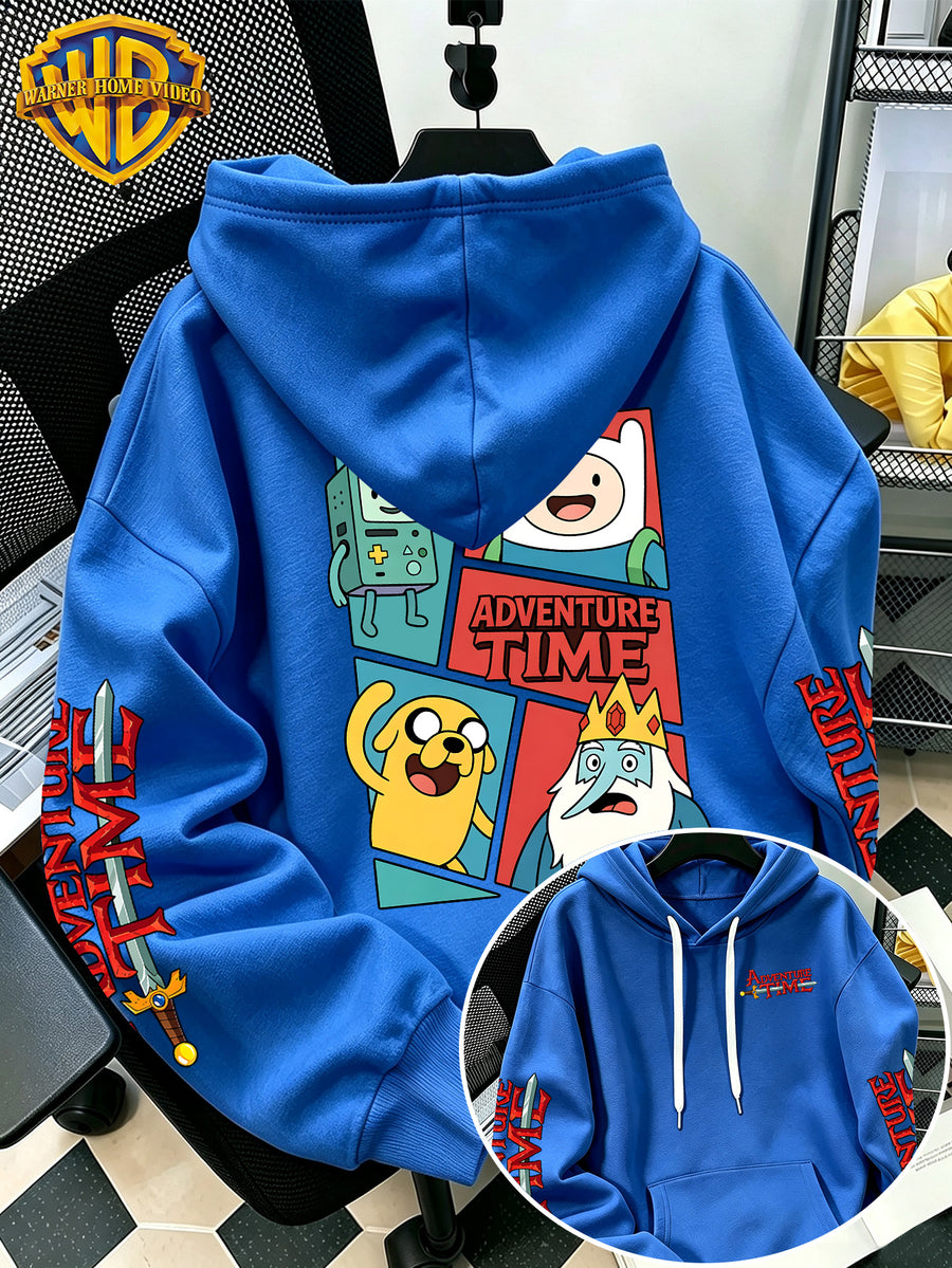 Adventure Time 4-Panel Comic Cartoon Pattern Print Hooded Sweatshirt - Men'S Casual All-Match Pullover, Comfortable Autumn/Winter Wear, for Sports, Outdoors, Picnics, Travel, Daily/Commute/Home Choice, Perfect Gift for Lovers And Friends - Unisex - Blue
