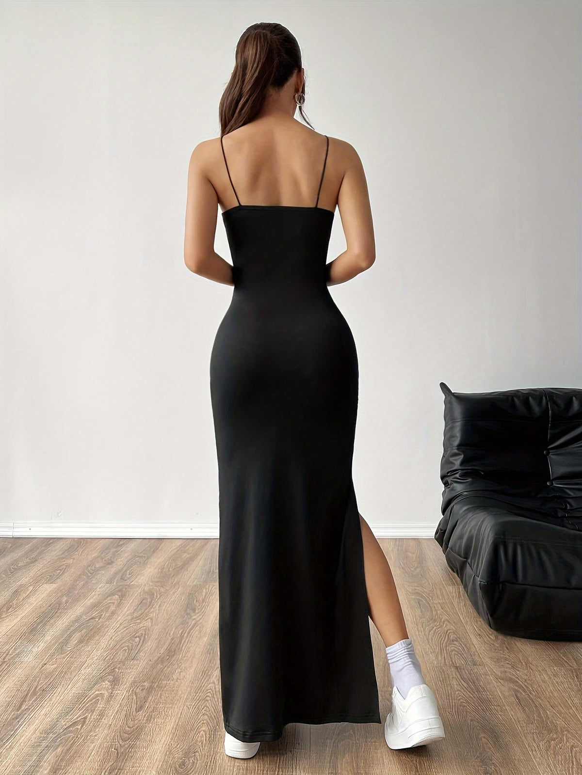 Women'S Elegant High-Slit Spaghetti Strap Maxi Dress - Solid, Ruched Design, Thin Straps, Perfect for Casual Or Formal Occasions, Formal Evening Wear | Ruched Texture Dress | Glossy Fabric - Black