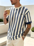 Men's Casual Sport T-Shirt, Navy Blue and White Vertical Stripe with NY Embroidered Logo Print Design, Fashionable Thin and Breathable Tee, Machine Washable Casual Short-Sleeve Top, Suitable for Daily Commuting/Outdoor Sports/Game Training/Vacation - Mixed colors