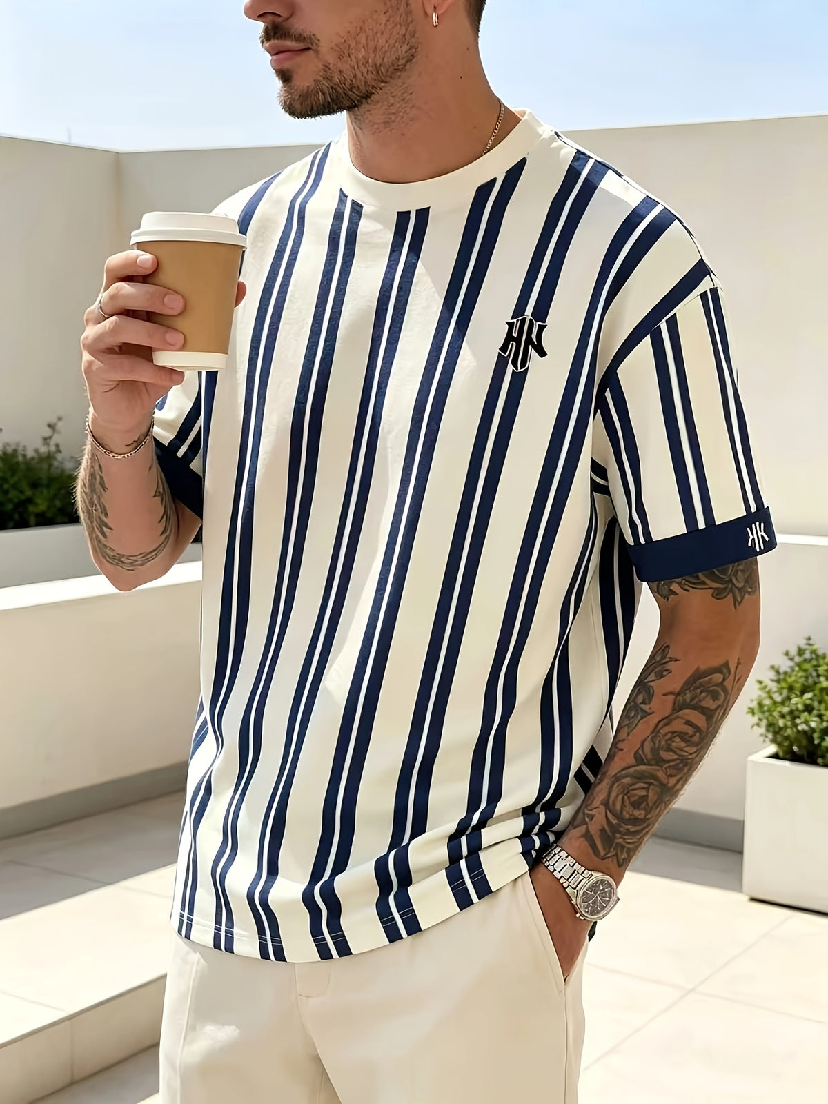 Men's Casual Sport T-Shirt, Navy Blue and White Vertical Stripe with NY Embroidered Logo Print Design, Fashionable Thin and Breathable Tee, Machine Washable Casual Short-Sleeve Top, Suitable for Daily Commuting/Outdoor Sports/Game Training/Vacation - Mixed colors