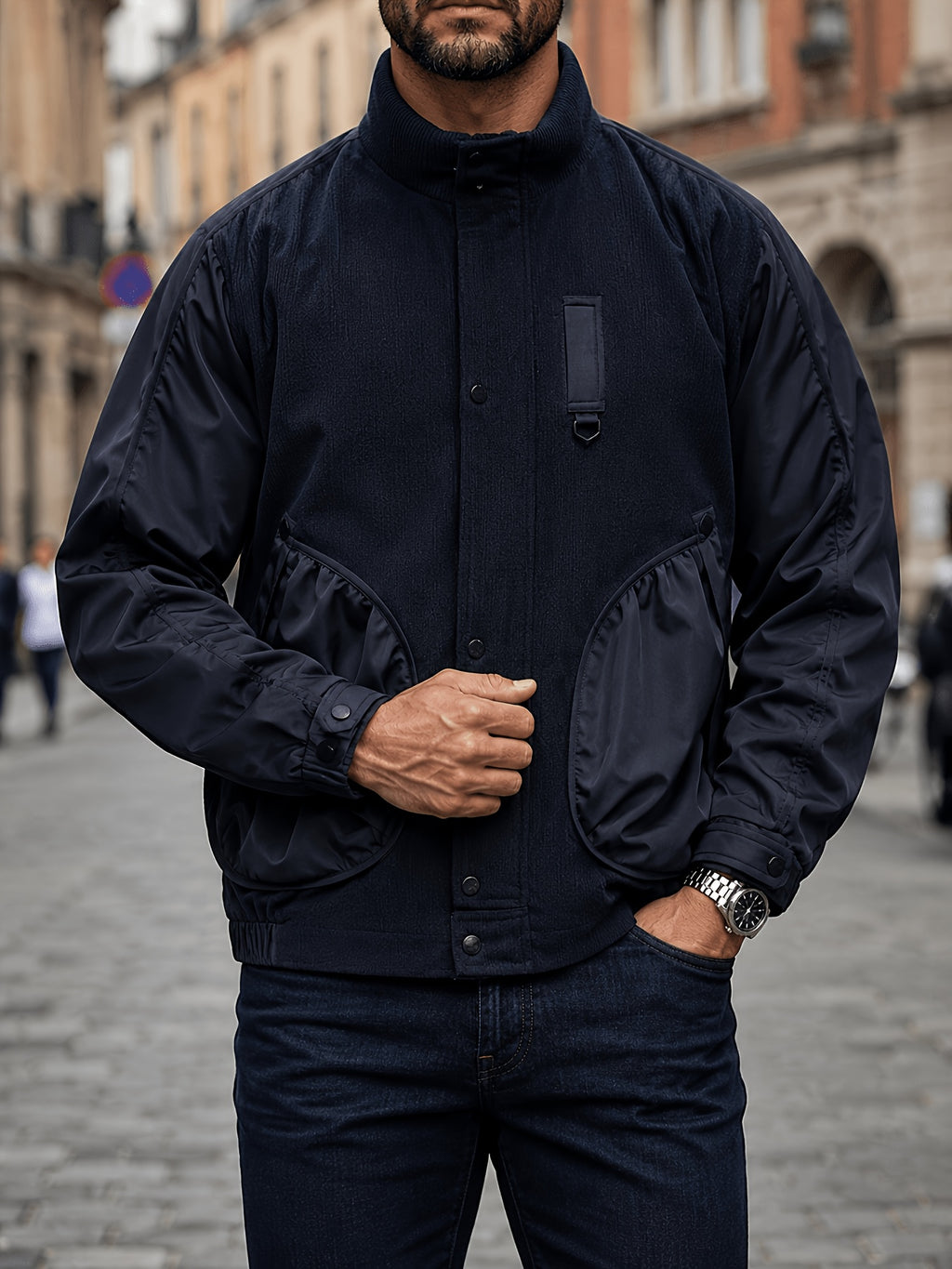 New Men'S Retro Cargo Jacket Patchwork Stand Collar Coat Commuter All-Match Casual Top Autumn Winter - Navy Color