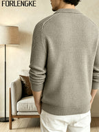 FORLENGKE Men'S Business Casual Lapel V-Neck Knit Sweater, Soft Warm Textured Long Sleeve Pullover Tops for Autumn Winter Office Daily Wear - Clip Flower Coffee