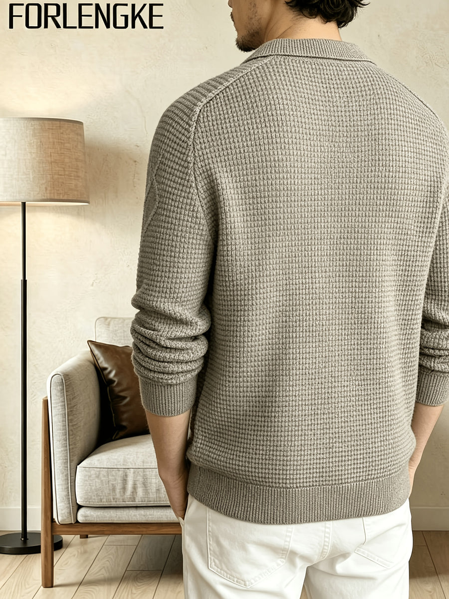 FORLENGKE Men'S Business Casual Lapel V-Neck Knit Sweater, Soft Warm Textured Long Sleeve Pullover Tops for Autumn Winter Office Daily Wear - Clip Flower Coffee