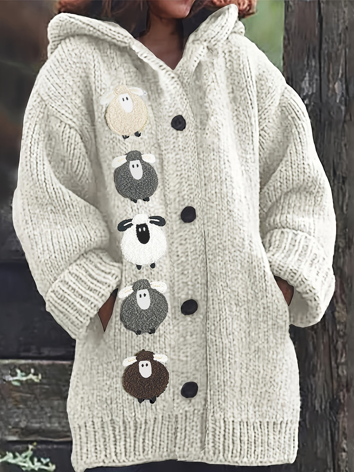 Winter Women's Elegant Hooded Oversized Outerwear Jacket, Multi-Color Little Lamb, Chunky, Soft, Thick, Beautiful, Stylish, Comfortable, Casual, Vintage, Commuting Cardigan, Gift - Granny Gray