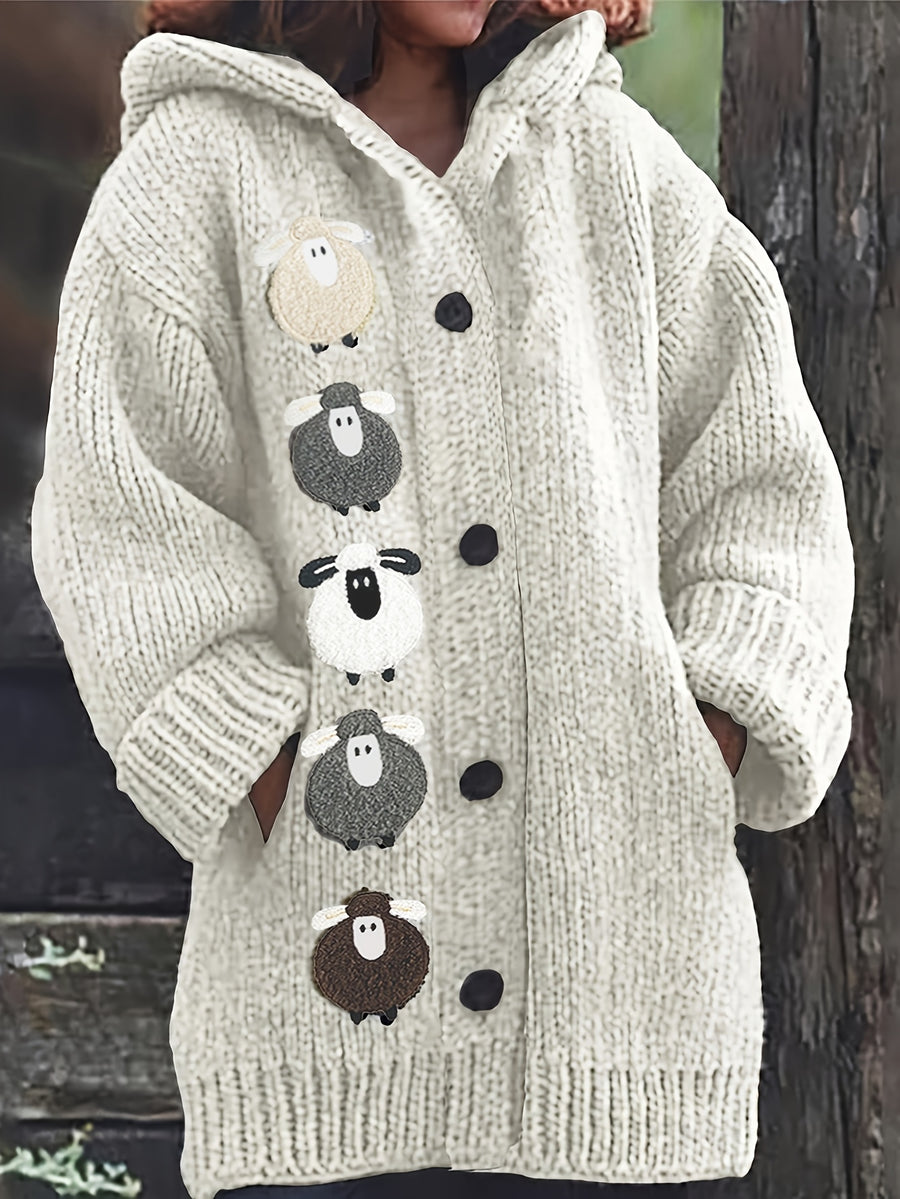 Winter Women's Elegant Hooded Oversized Outerwear Jacket, Multi-Color Little Lamb, Chunky, Soft, Thick, Beautiful, Stylish, Comfortable, Casual, Vintage, Commuting Cardigan, Gift - Granny Gray