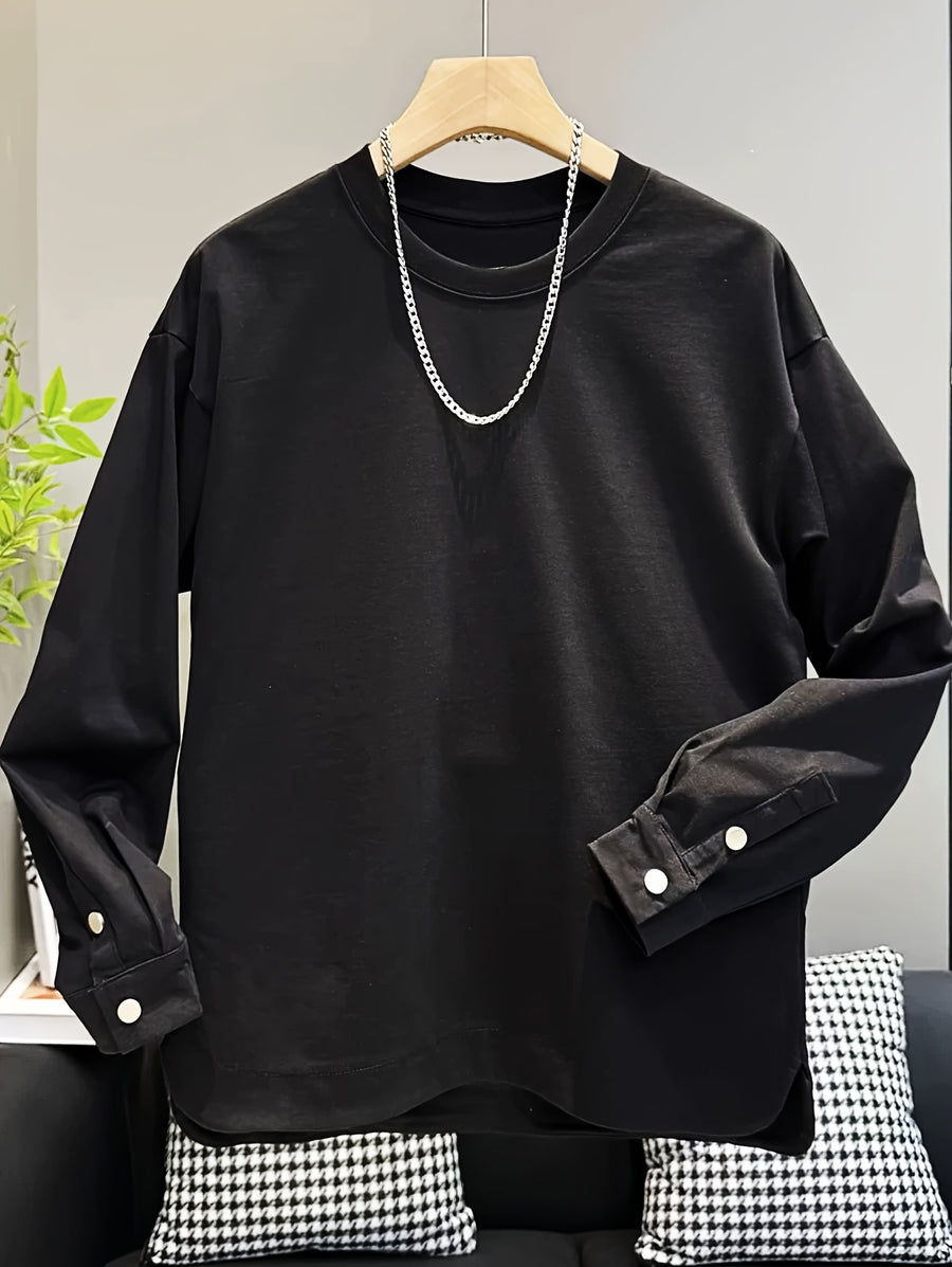 Buckle Shirt Pullover Round Neck Sporty Spring Autumn Solid Color Long Sleeve Men'S Slit Button Cuff Top - Black