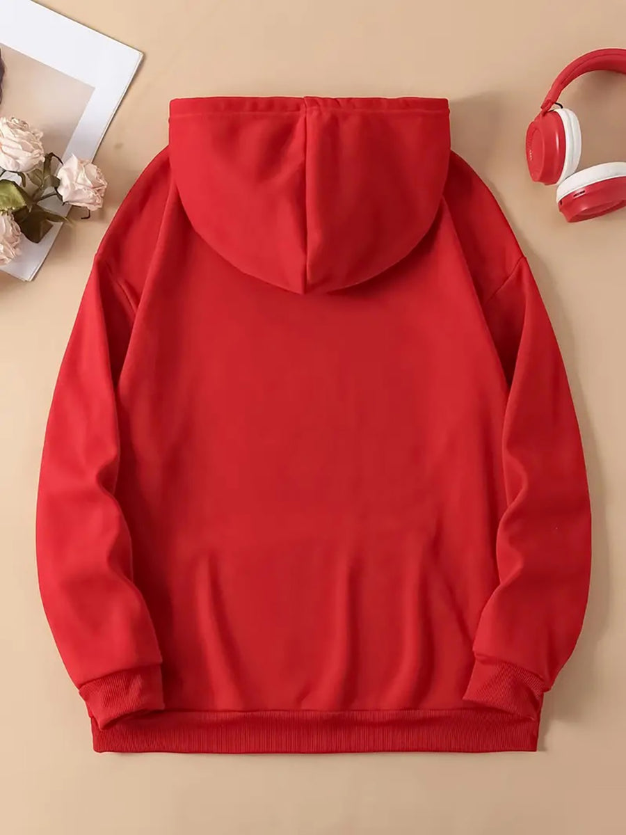 Plus Size 1pc Fashion Women's Autumn/Winter Warm Hooded Sweatshirt with an Elegant and Beautiful Y2K Style Casual Sweatshirt Featuring a Cartoon Smiling Face Print, Winking and Sticking Out Tongue, Playful and Cute. Pattern Print Plus Size -Lined - Red