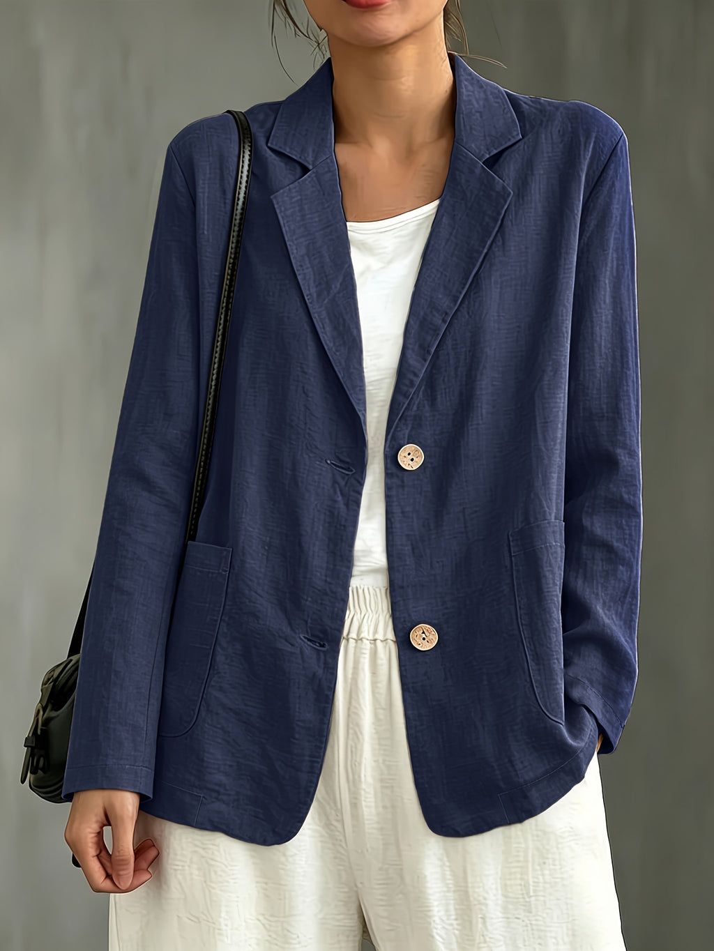 Casual Two-button Commuter Long-sleeve Spring/summer New Style Blazer with Pockets - Navy Color