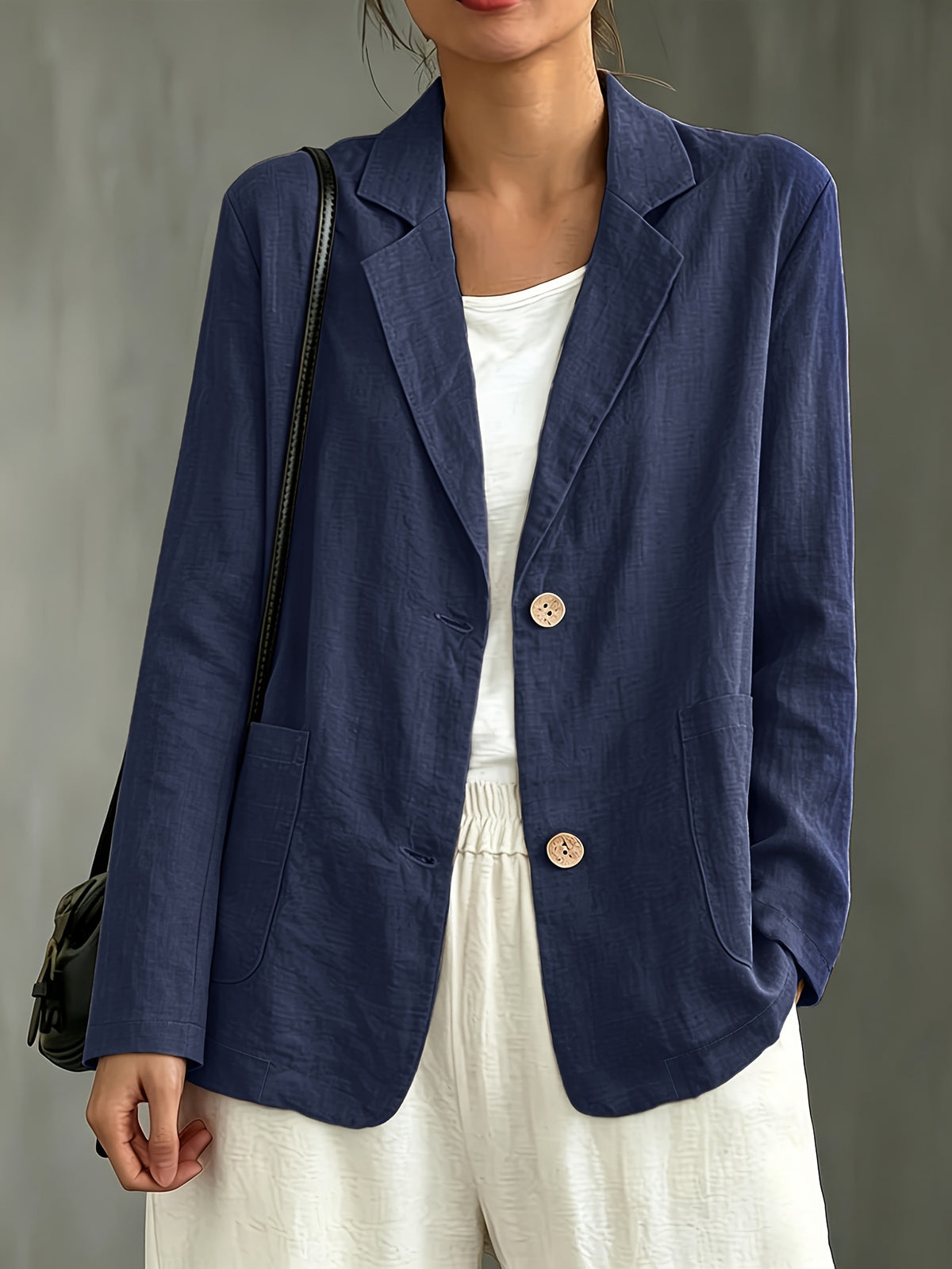 Casual Two-button Commuter Long-sleeve Spring/summer New Style Blazer with Pockets - Navy Color