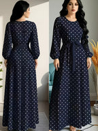 Polka Dot Printed Women'S Fashion Dress with Round Neck, Long Sleeves, Belted Waist Design, Elegant Long Dress Suitable for Spring And Autumn, Perfect for Festivals And Travel - Navy Color