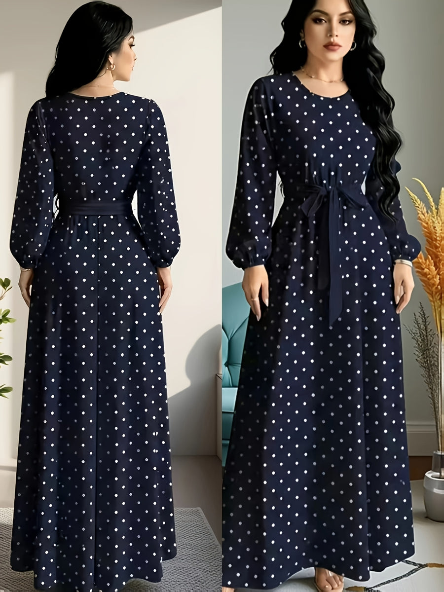 Polka Dot Printed Women'S Fashion Dress with Round Neck, Long Sleeves, Belted Waist Design, Elegant Long Dress Suitable for Spring And Autumn, Perfect for Festivals And Travel - Navy Color