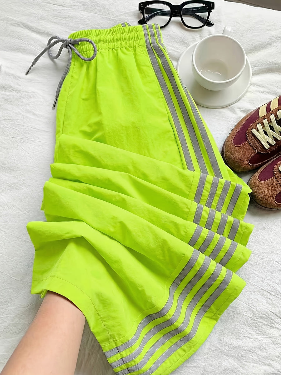 Reading Week Apparel, Back-to- Season, One Pair of 2026 Spring/Summer New Style Casual Sporty Fashionable Comfortable and Beautiful Women's Long Pants with Contrast Color and Drawstring Waist, Suitable as a Holiday Gift for Women's Clothing - Fluorescent Green