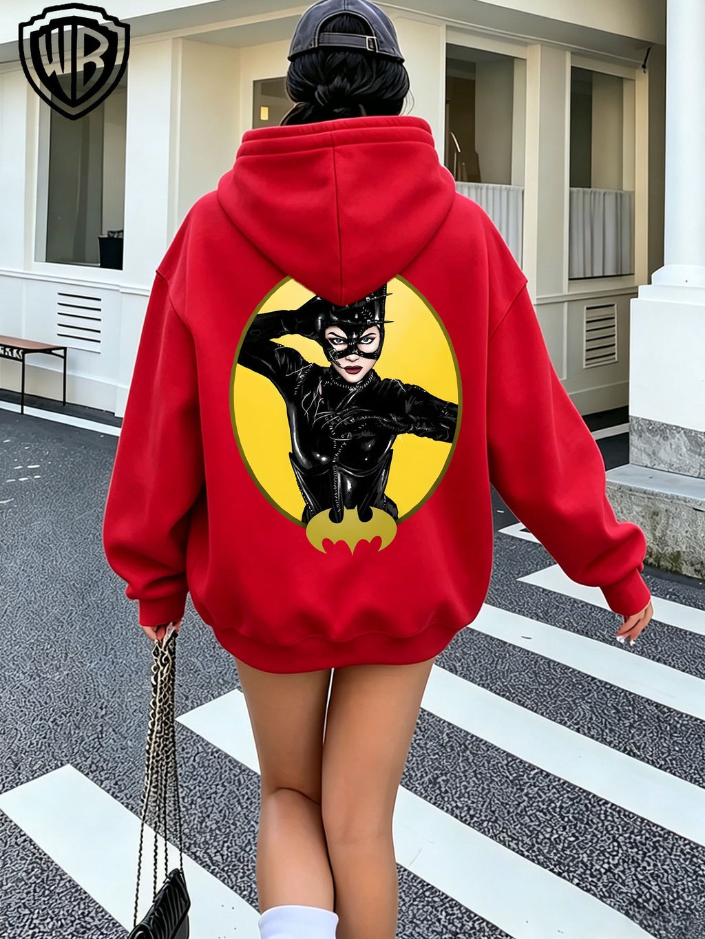 2026 Women's Hoodie DC Batman Catwoman Character Bat Logo Print Zip-Up Open Front Hooded Top Trendy Women's Jacket - Red