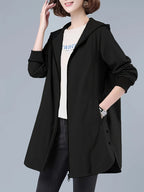 Women's Casual Hooded Jacket with Letter Print - Zip-Up, Long Sleeve, Polyester - Machine Washable - Perfect for Spring/Fall - Black