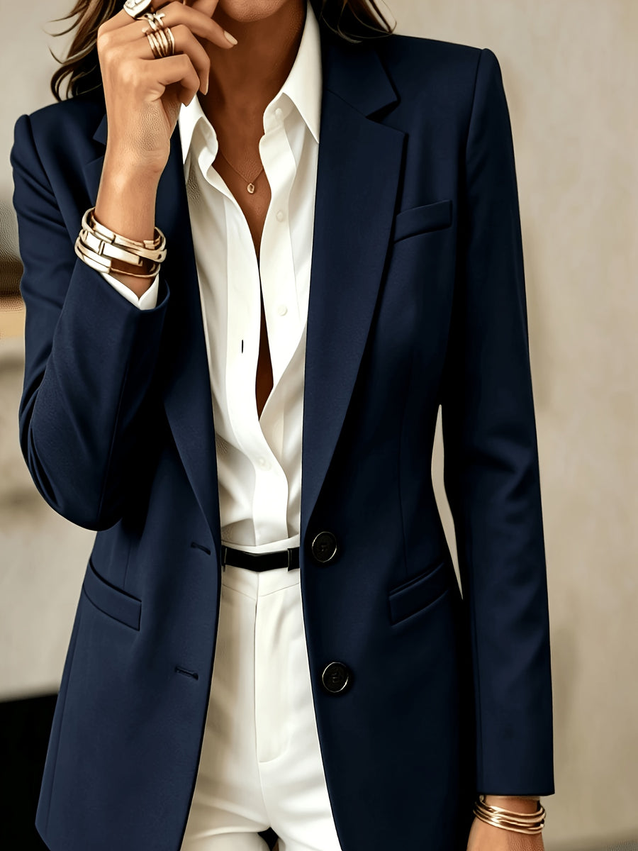 Fashion Women Elegant Blazer, Stylish & Generous Commuter Versatile Single-breasted Lapel Long Sleeve Lined New Solid Color Suit Jacket - Navy Color