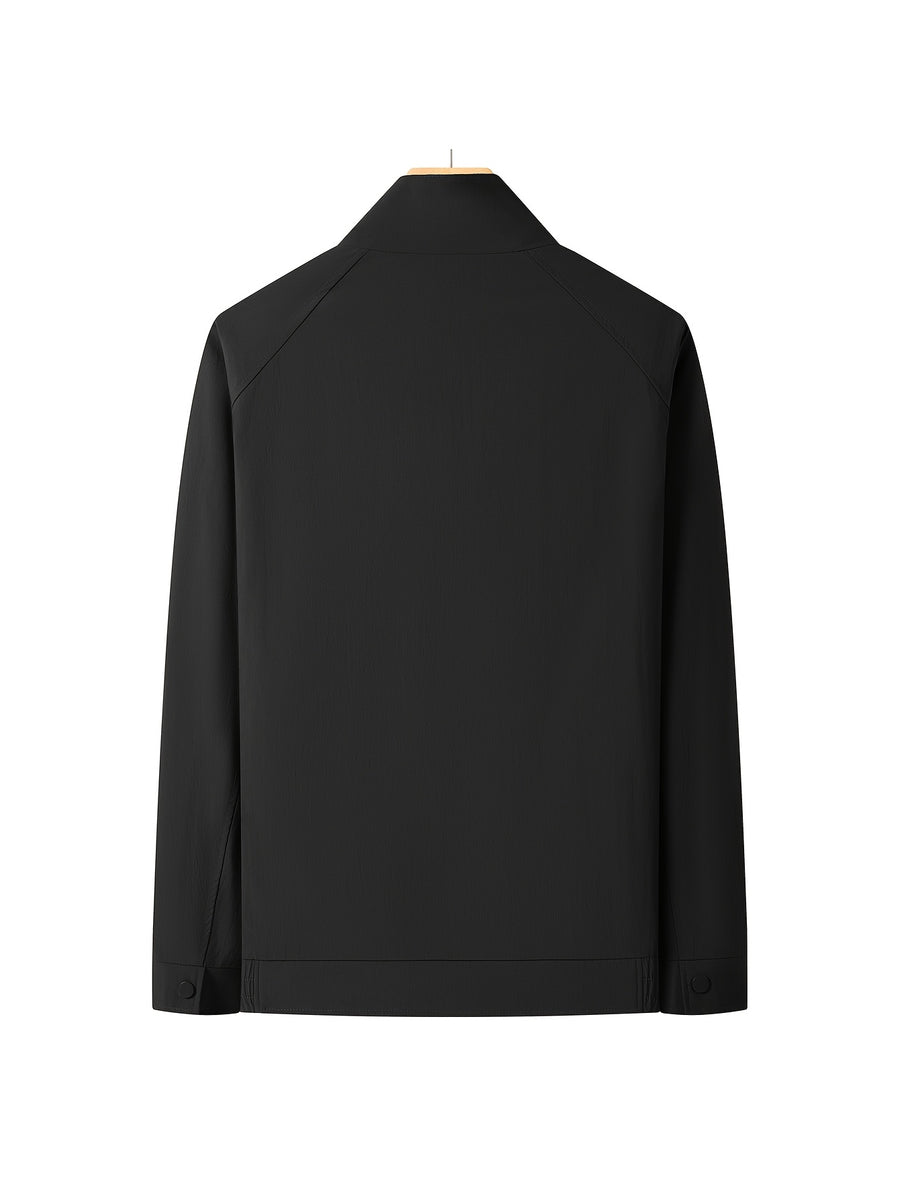 Men'S Stand-Up Collar Zip-Up Lightweight Business Jacket, Textured Wrinkled Fabric with Fine Check Breathable Full Lining, Zipper And Button Double-Breasted Casual Commuter Trench Coat, Curved Side Zip Pockets Slight Body-Shaping Top - Black