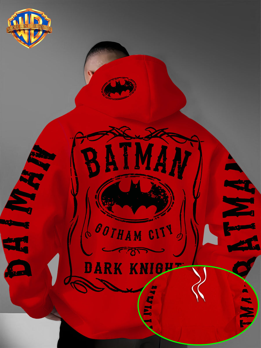 Warner Bros. Authorized American Cool Batman Retro Border Printed Hooded Sweatshirt with Adjustable Drawstring, Comfortable And Warm, Fashionable And Versatile Men'S Casual Sweatshirt, Suitable for Autumn And Winter Wear - Red