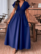 Women'S Fashionable Exquisite Daily Commute Attire Women'S Elegant Solid Color A-Line Short Sleeve Dress Sexy Deep V-Neck Waist-Cinching Waist Smocked Slit Design Bridesmaid Dress Women'S - Blue