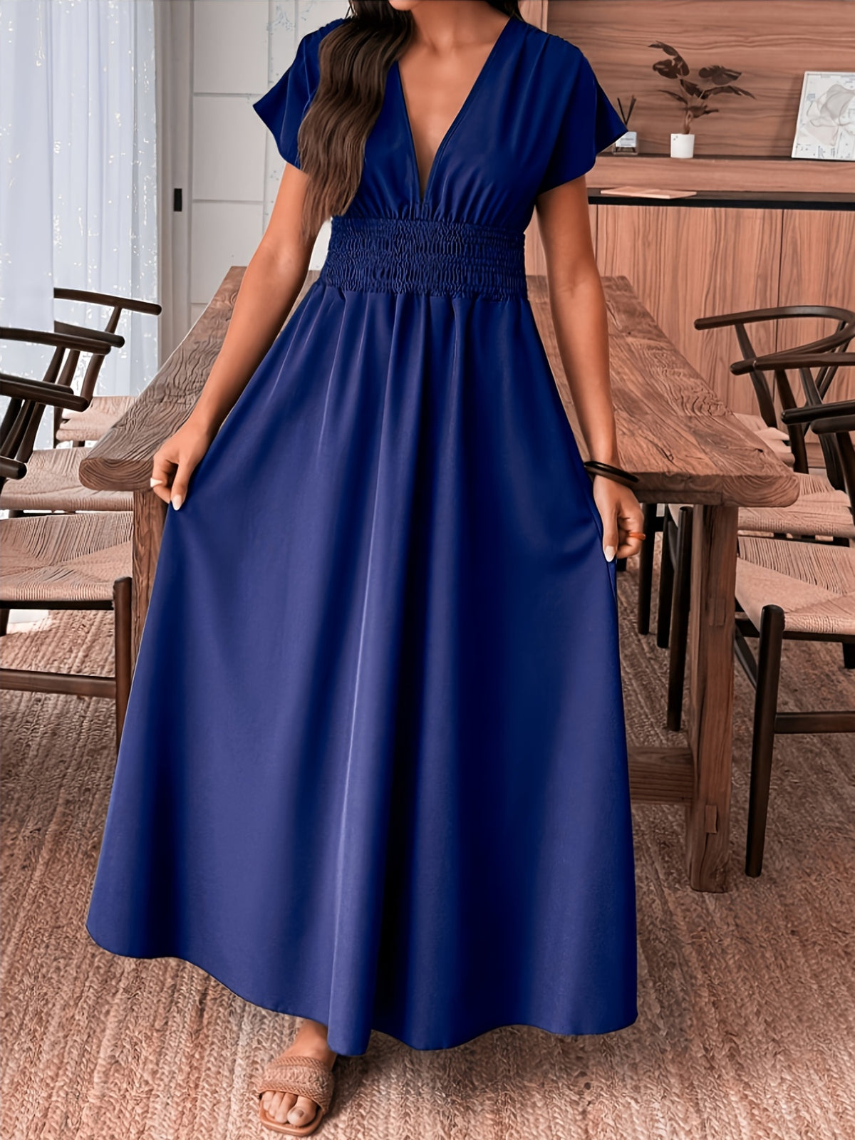 Women'S Fashionable Exquisite Daily Commute Attire Women'S Elegant Solid Color A-Line Short Sleeve Dress Sexy Deep V-Neck Waist-Cinching Waist Smocked Slit Design Bridesmaid Dress Women'S - Blue