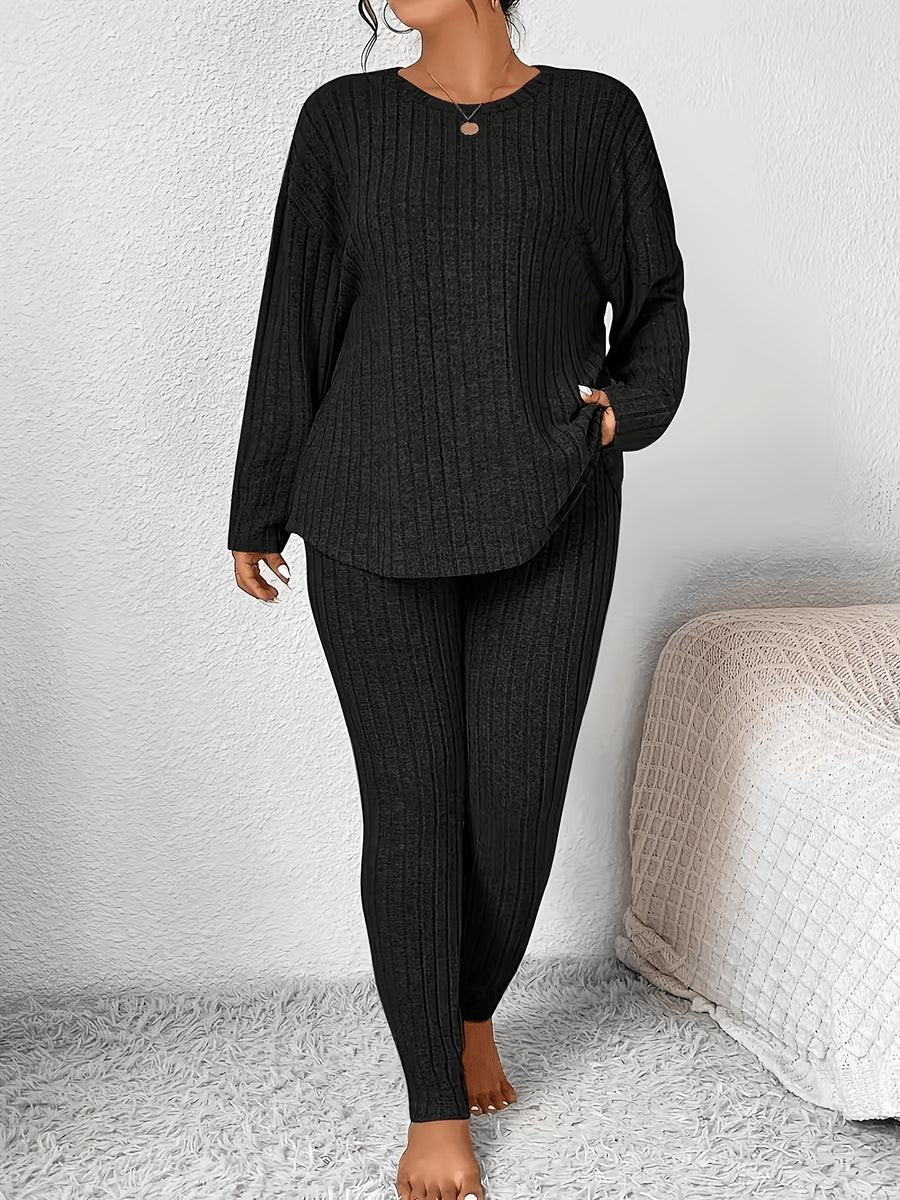 Solid Color Long-sleeved Top and Trousers Casual Everyday Set - Black