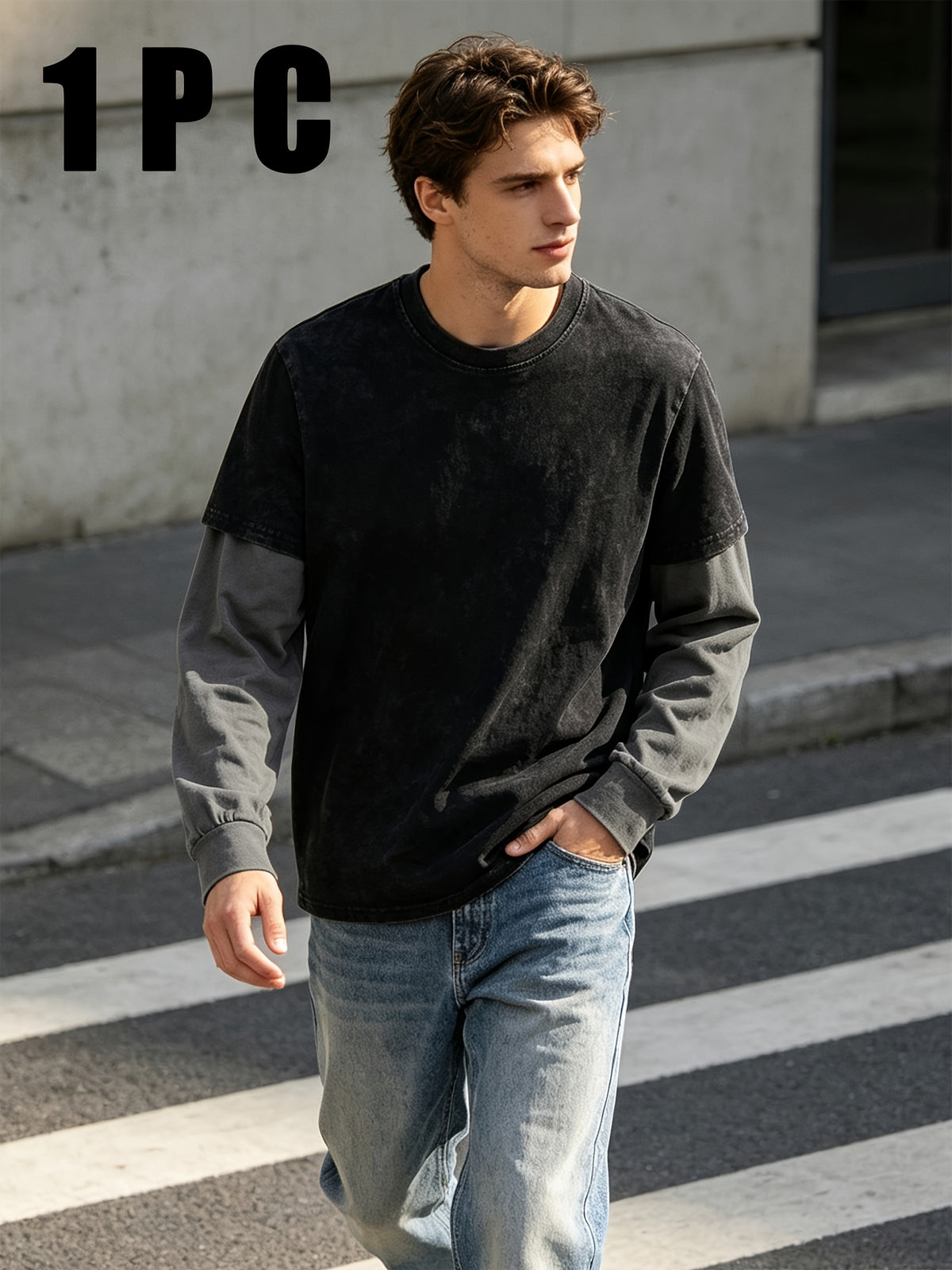 Men's 2-in-1 Look Long Sleeve T-Shirt, Contrast Gray Sleeve Top, Men's Work Safety Apparel, Suitable for Work Scenes, Men's Practical Work Top, Men's Work and Protective T-Shirt - Black