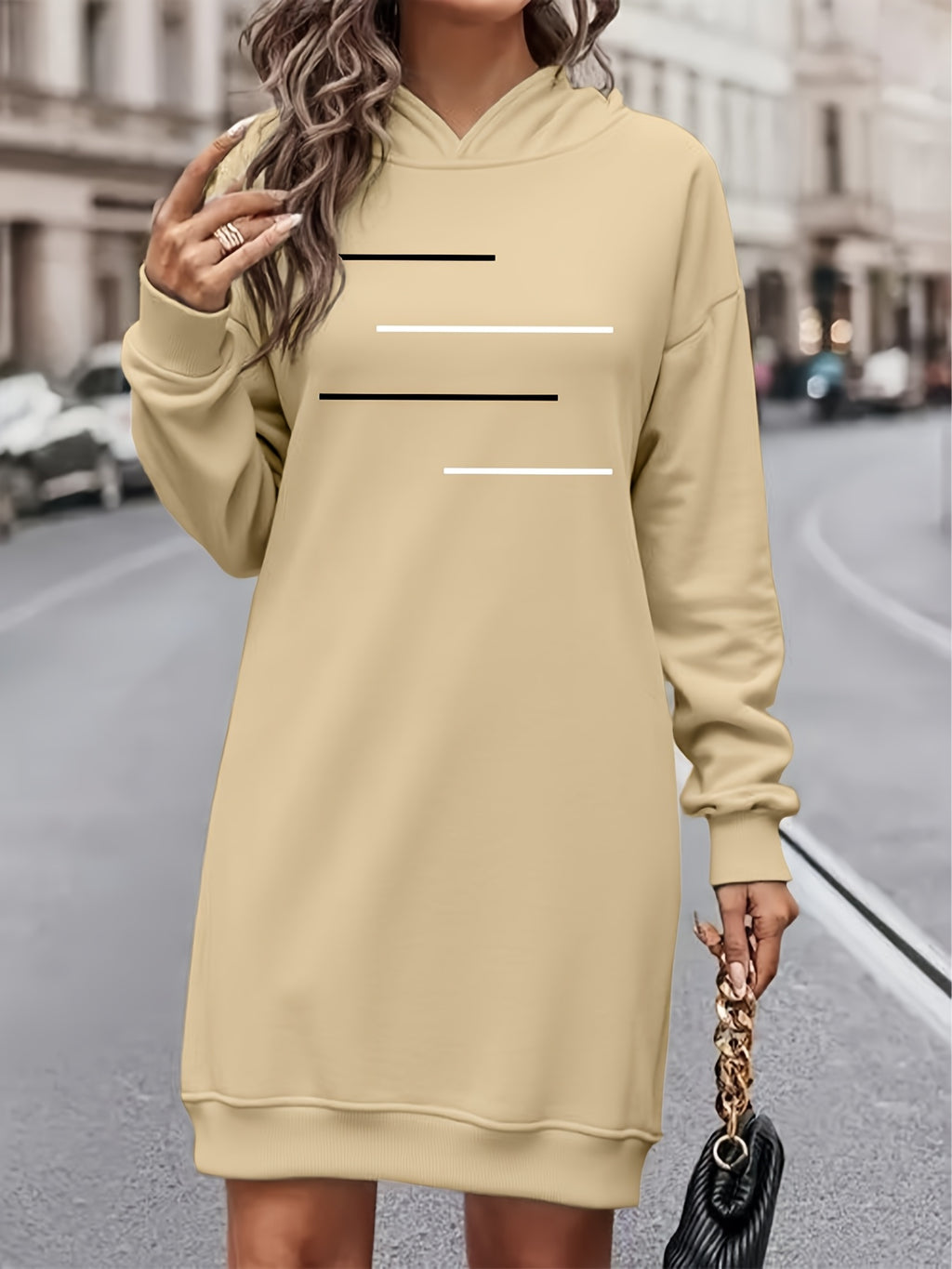 Women'S Fashion Letter Print Hooded Sweatshirt Dress Women'S Autumn And Winter High-End Fashion Street Style Age-Reducing Plus Velvet Color Block Hooded Sweatshirt Casual Top Casual Versatile Hoodie Jacket Pullover Long Sweatshirt Elegant - Apricot