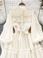 Fashion Retro Stand Collar Lace Ruffled Patchwork Dress Court Style Lantern Sleeve Cinched Waist Tie-Up Full Skirt Long Dress - Beige Color