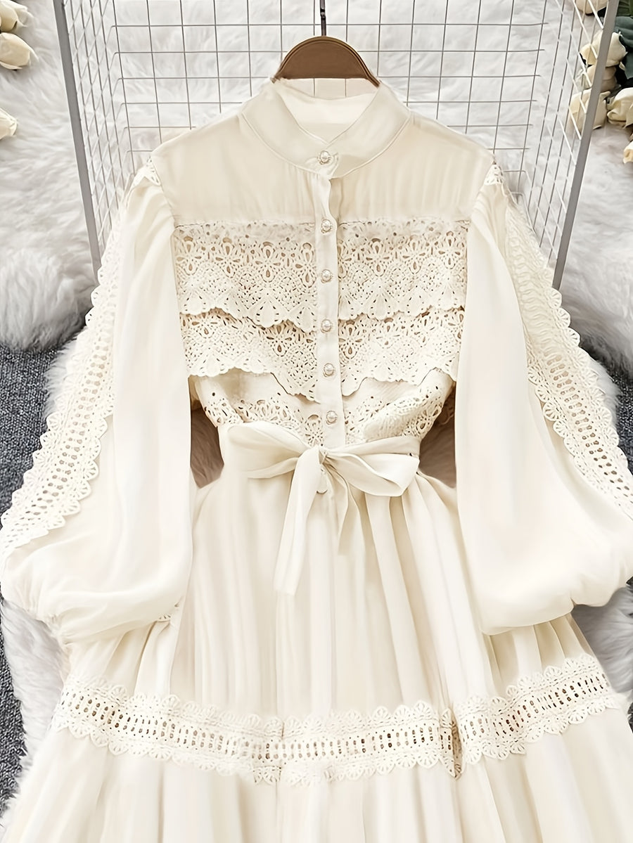 Fashion Retro Stand Collar Lace Ruffled Patchwork Dress Court Style Lantern Sleeve Cinched Waist Tie-Up Full Skirt Long Dress - Beige Color